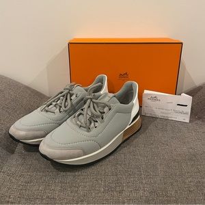 Hermes Grey Leather and Fabric Sneakers